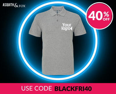 A heather grey polo shirt with the placeholder text 'your logo.' The background has a neon circle design, with the Beechfield brand logo and a circular badge displaying '40% off.' A pink banner at the bottom says 'Use code BLACKFRI40'.